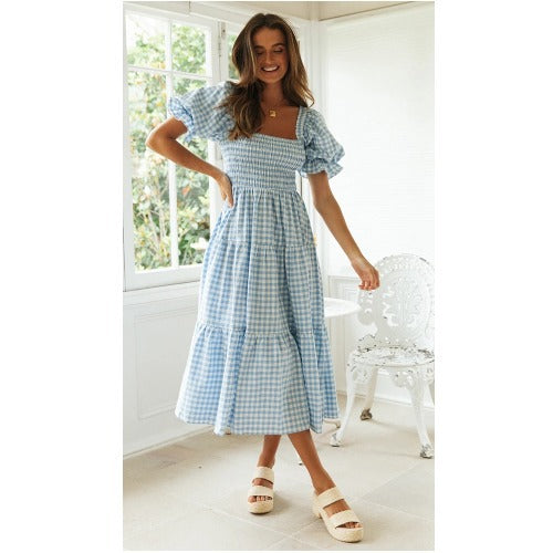Dame Stufen-Gingham Midi Kjole med Puffærmer Stilla