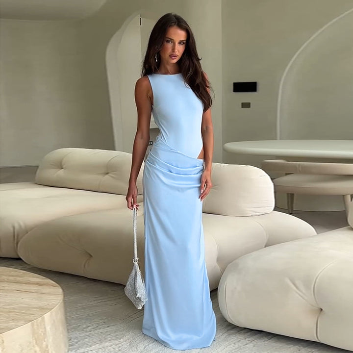Dame elegant maxikjole med asymmetrisk design og raffineret taljeindsats Skovae