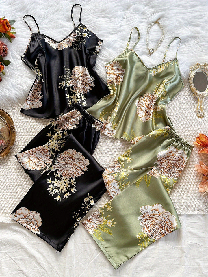 Dame Floral Satin Pyjamasæt Stilla