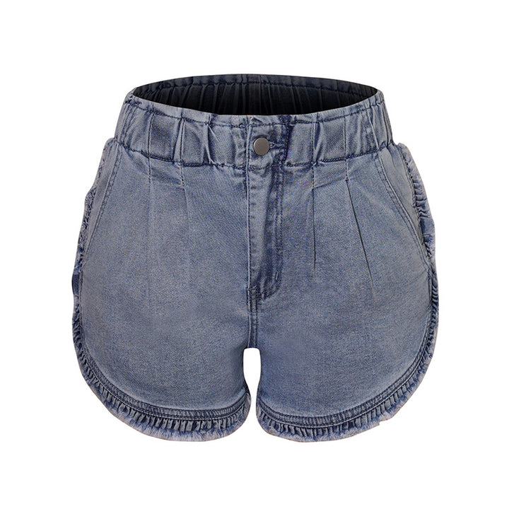 Dame jeans-shorts med elastisk linning og frynset kant Stilla