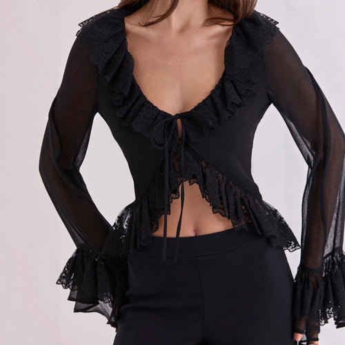 Dame Chiffonbluse med spidsbroderi Skovae