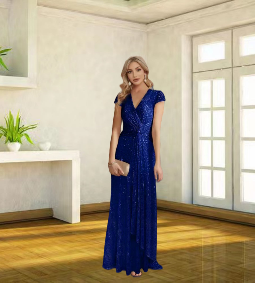 Dame aftenkjole i elegant vikkedesign med funklende pailletter Stilla