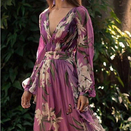Dame Maxikjole i gennemsigtig chiffon-look med floral mønsterblanding og voluminøse ærmer Stilla