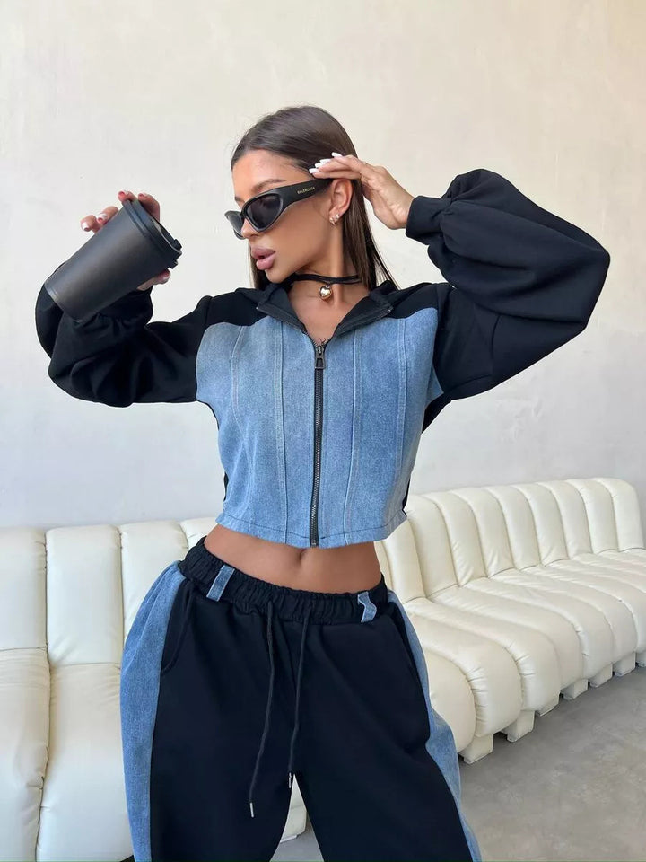 Dame moderigtig cropped Sweatjakke og bred Bukser Sæt Stilla