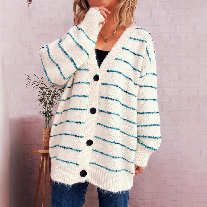 Damer varm strik cardigan med stribet mønster og store knapper Stilla