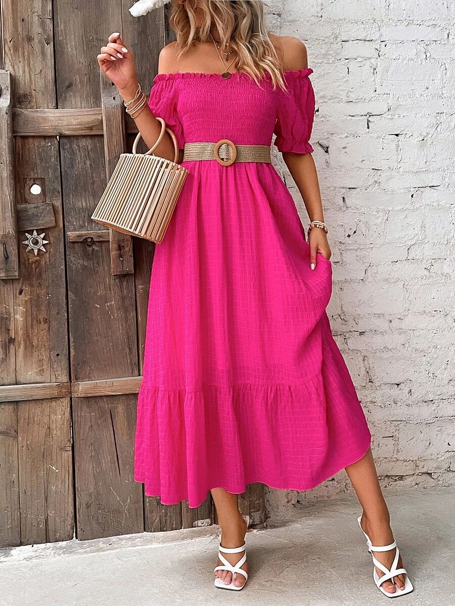 Dame Off-Shoulder Maxikjole med Ruffle-detaljer og elastisk talje Stilla