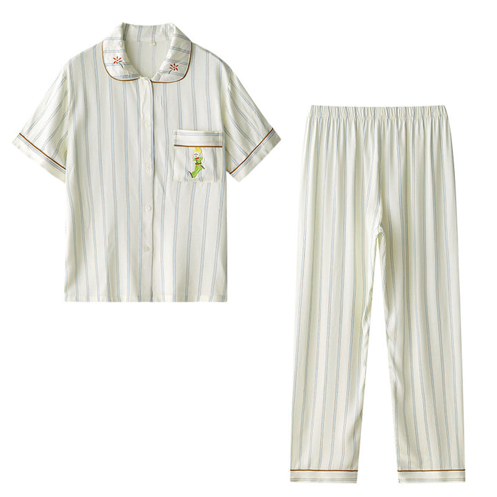 Dame pyjamasæt med elegant stribemønster og broderede detaljer Stilla