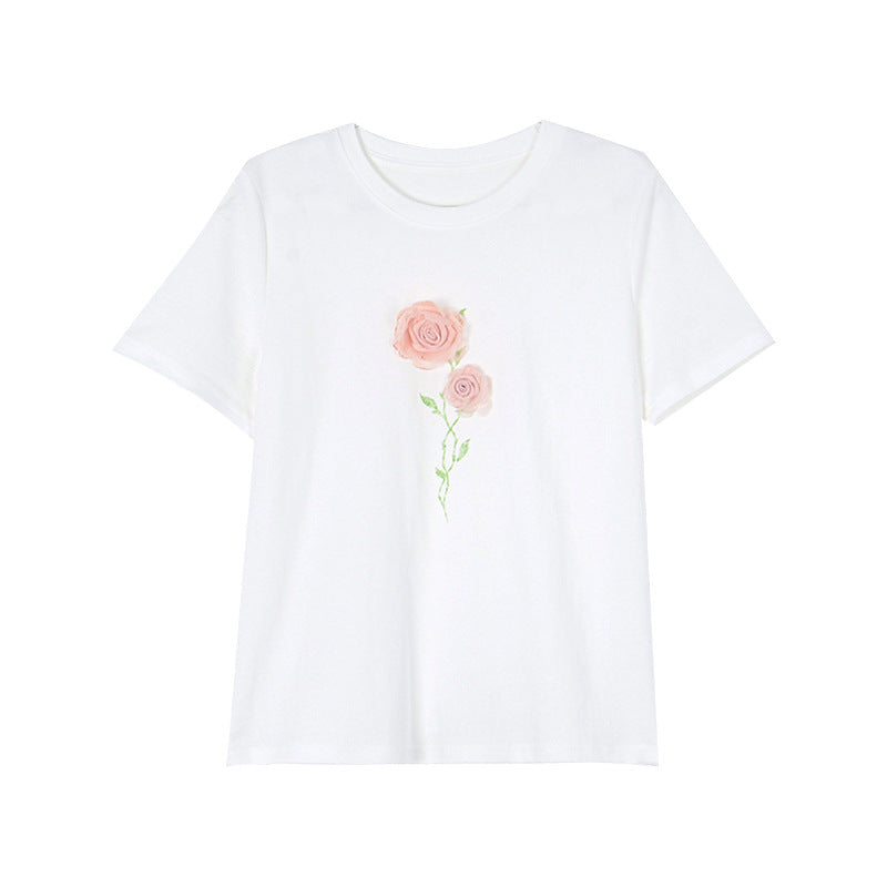 Dame T-shirt med sart blomsterbroderi og afslappet snit Stilla