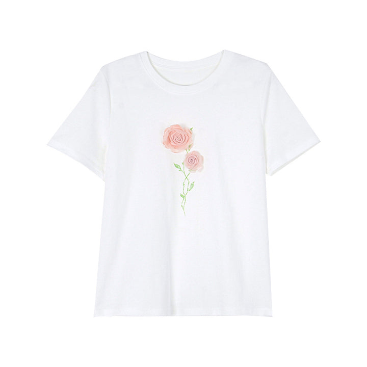 Dame T-shirt med sart blomsterbroderi og afslappet snit Stilla