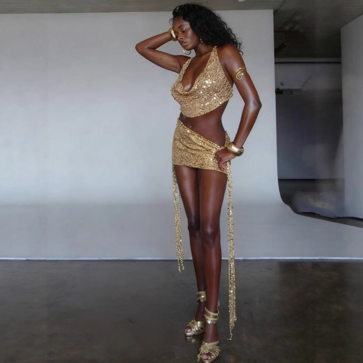 Damen Glitzerndes Abendkleid mit verstellbaren Trägern und asymmetrischem Schnitt Skovae