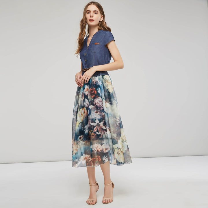 Stilla | Elegant Patchwork Print Stropkjole Midi Kjole