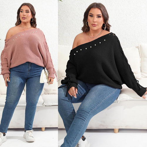 Dame afslappet oversized pullover med dekorativ perledetalje og snor Stilla