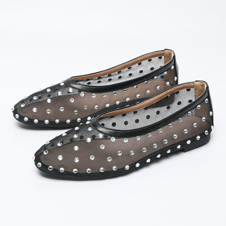 Dame ballerinas med glitrende strass sten og gennemsigtigt netmateriale Stilla