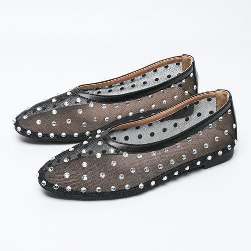 Dame ballerinas med glitrende strass sten og gennemsigtigt netmateriale Stilla