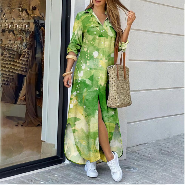 Dame maxikjole i moderne skjortebluse-stil med afslappede slidsdetaljer Stilla