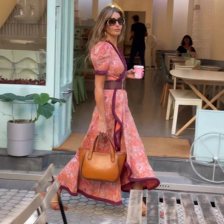 Dame Floral Print Maxi Wrap Kjole med Puffærmer Stilla