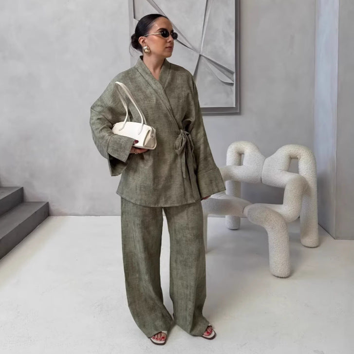 Femme Elegante Wrap Blouse og Wide Pants Sæt Stilla