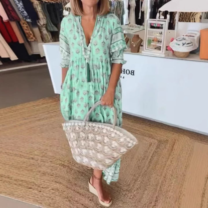 Dame Boho Maxikjole med elegant V-udskæring og legende detaljer Stilla