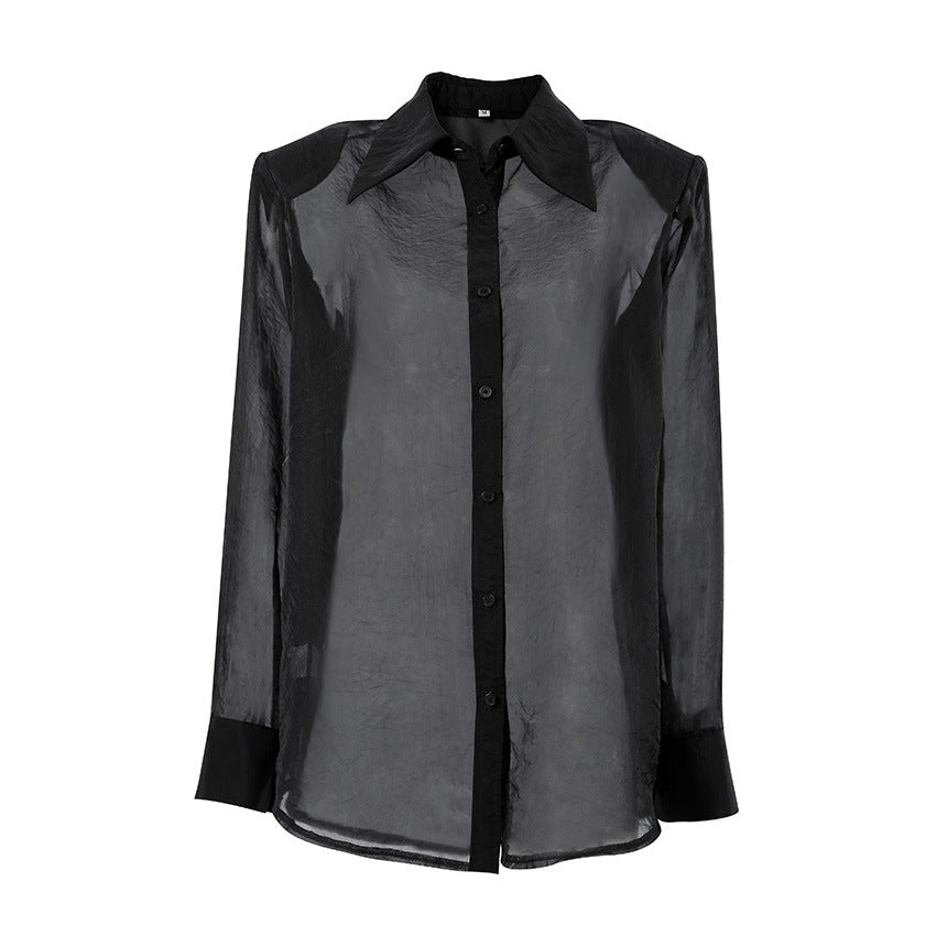 Dame store størrelser skjorte bluse med asymmetrisk design og gennemsigtige ærmer Stilla
