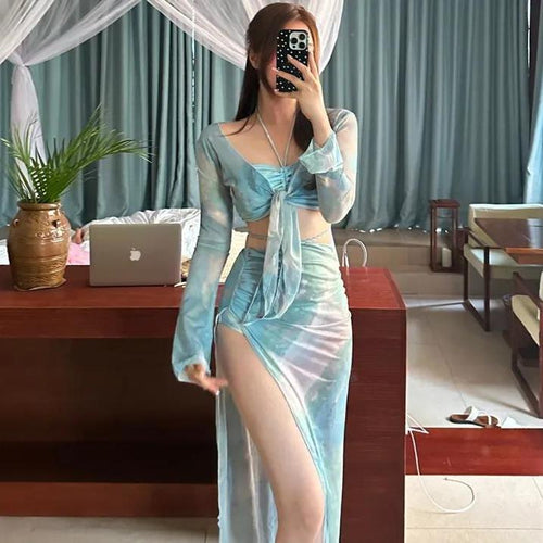 Femme Gennemsigtigt Slips-Front Crop Top og Maxi Nederdel Sæt Stilla