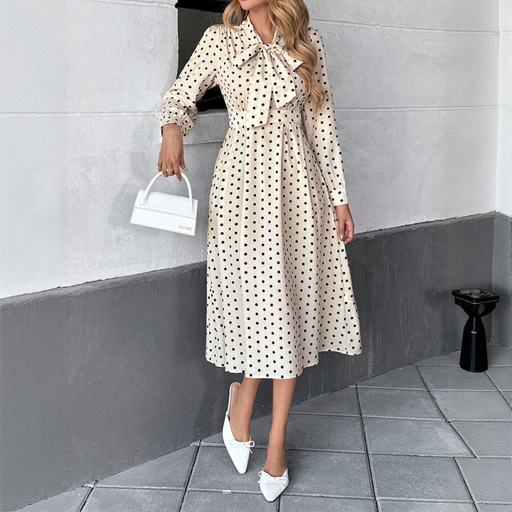 Kvindernes Polka Dot Midi Kjole med Sløjfe Krave og Lange Ærmer Stilla