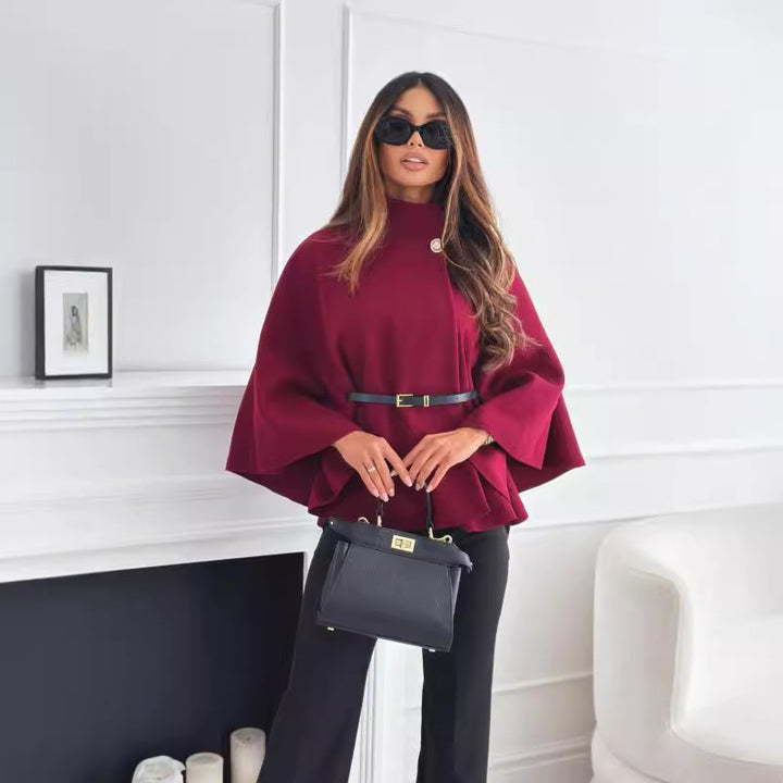 Dame elegant og stilfuld kort bluse med bælte og poncho-design Stilla
