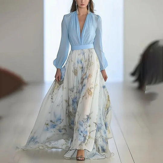 Dame Maxikjole med dyb V-udskæring og blomster chiffon Stilla