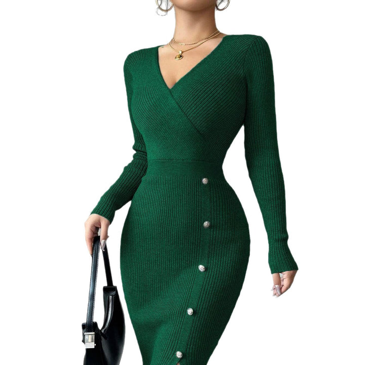 Dame Elegant Ribbet Strik-Midi-Kjole med Knapdetalje Stilla