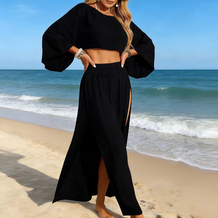 Dame luftig strandlook med bred skæring og høje slids Skovae
