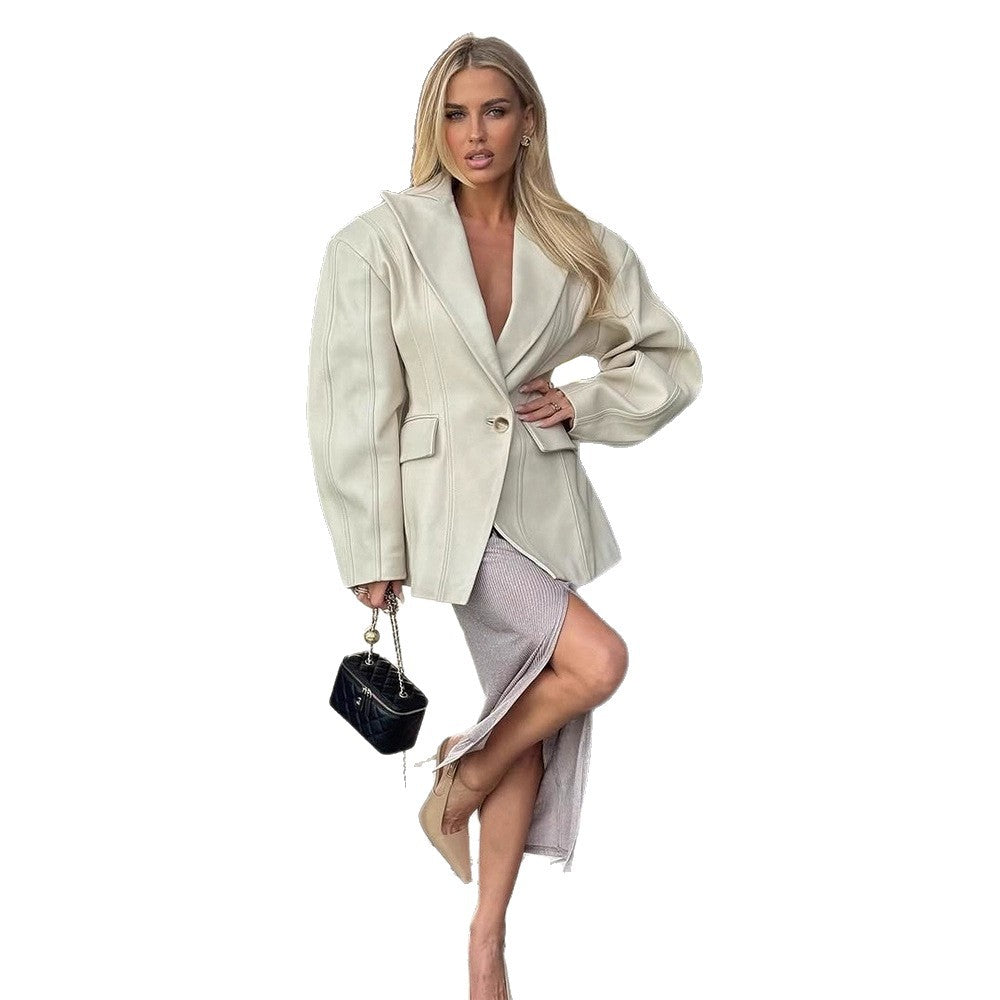 Dame Elegant Kunstlæder Blazerjakke med struktureret design Stilla