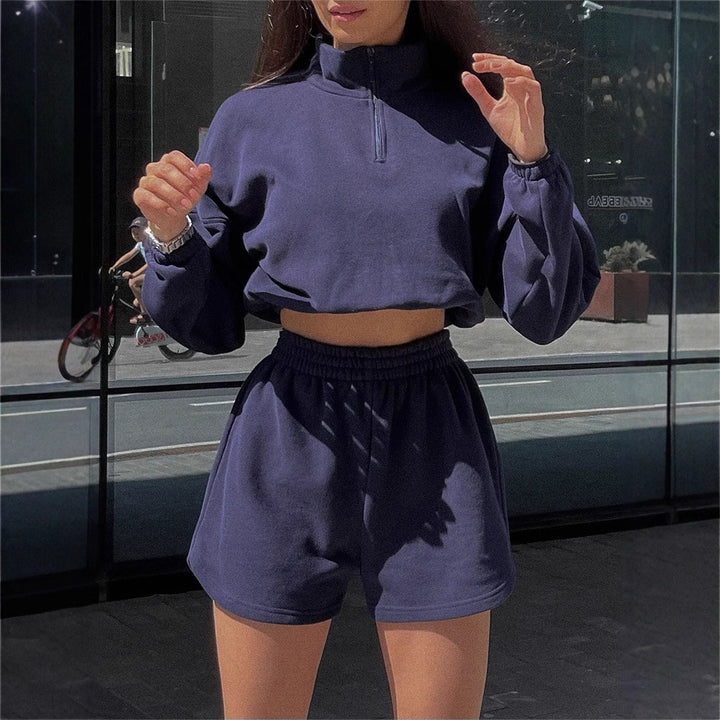 Kvinders sporty cropped top og shorts sæt med lynlås og elastisk talje