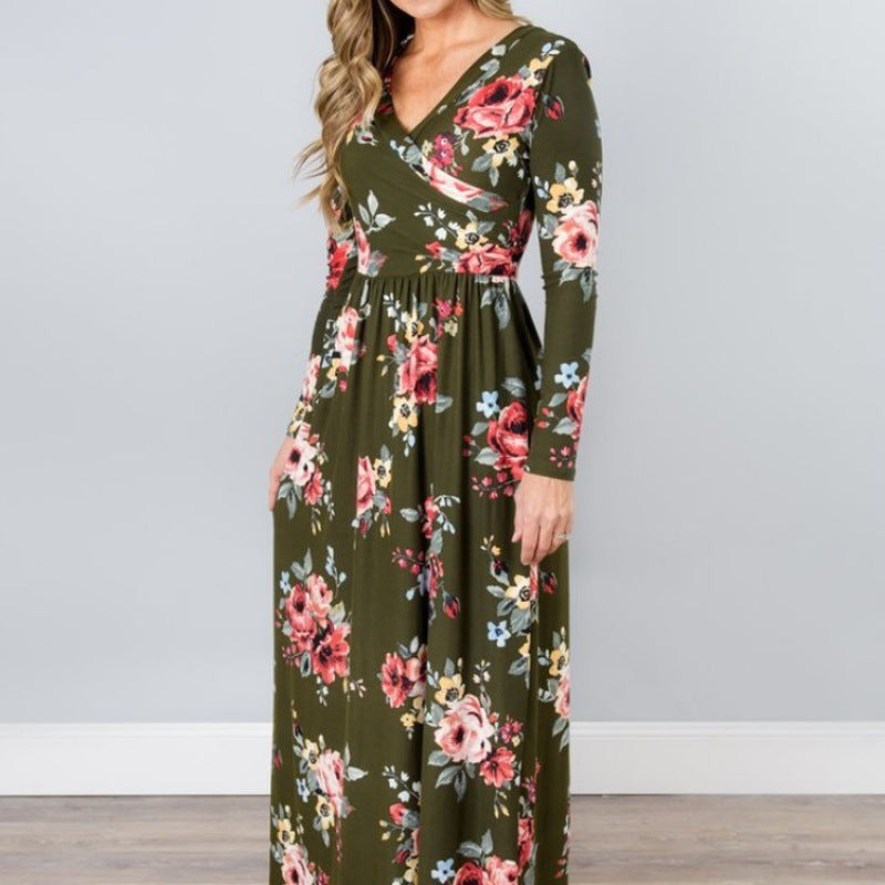 Kvinders maxi kjole med blomsterindpakningsdesign og lange ærmer Stilla