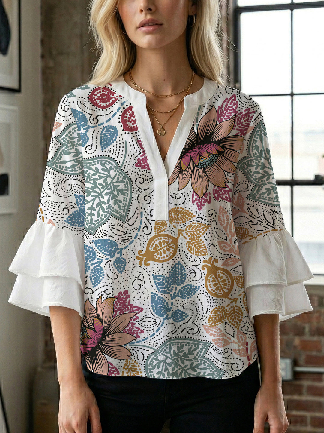 Dame bluse med voluminøse blondererm og kreativt floraldesign Skovae