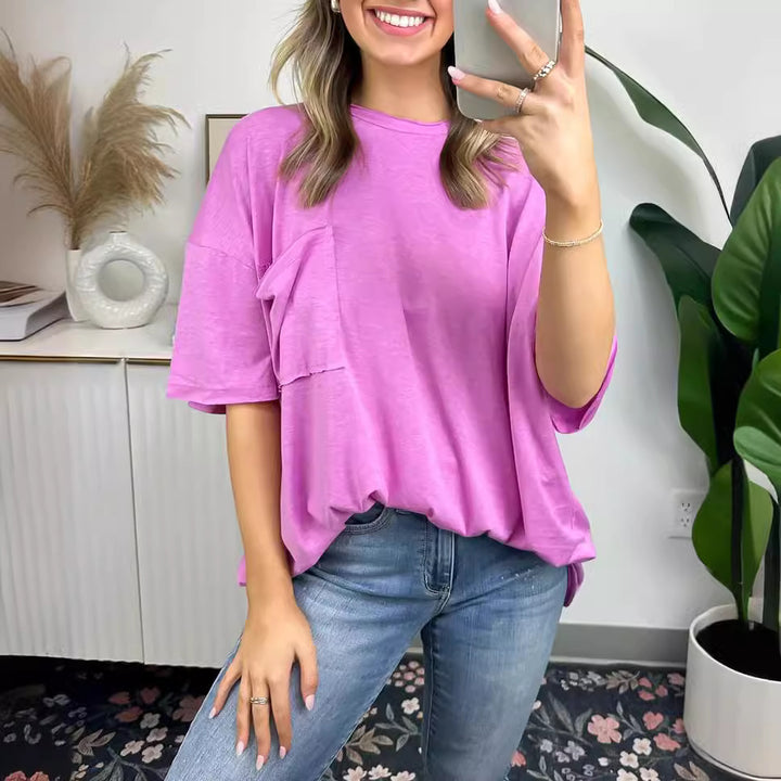 Dame behagelig oversized T-shirt med brystlomme i let stof Stilla