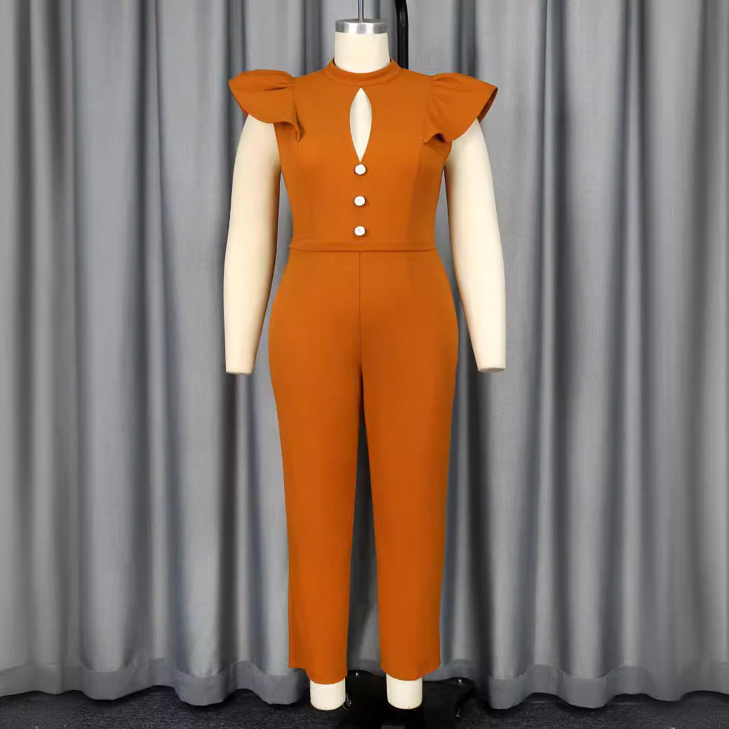 Dame elegant jumpsuit med ruffles ærmer og dekorative knapper Skovae