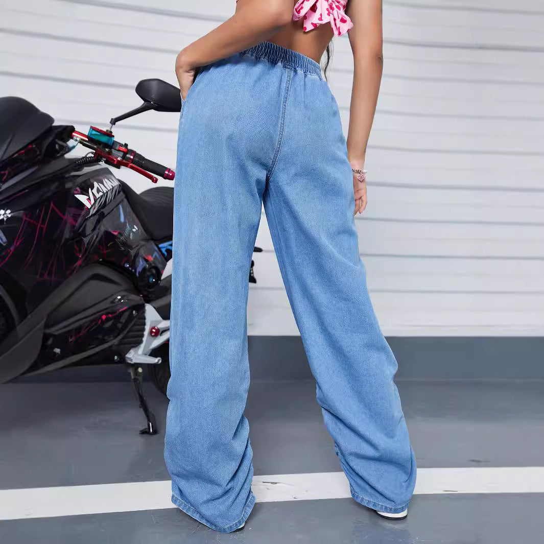 Damer casual denim-bukser med elastisk talje og sidelægnings-effekt Stilla