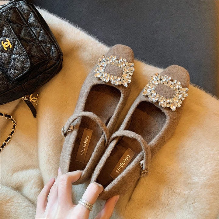 Dame Elegant Mary Jane Ballerinaer med dekorativ strassschnalle Stilla