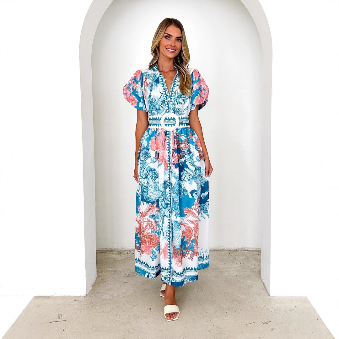 Kvinder Elegant Maxi Kjole med Blomster Mønstre og Voluminøse Ærmer Stilla