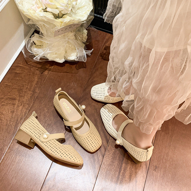 Femme Mary Jane blokhæl flats med dekorativ perle accent Stilla