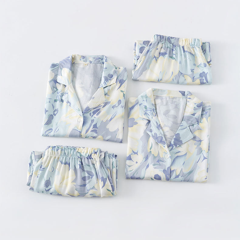 Dame Satin Pyjamas Sæt med blomster Mønstre og behagelig Pasform Stilla