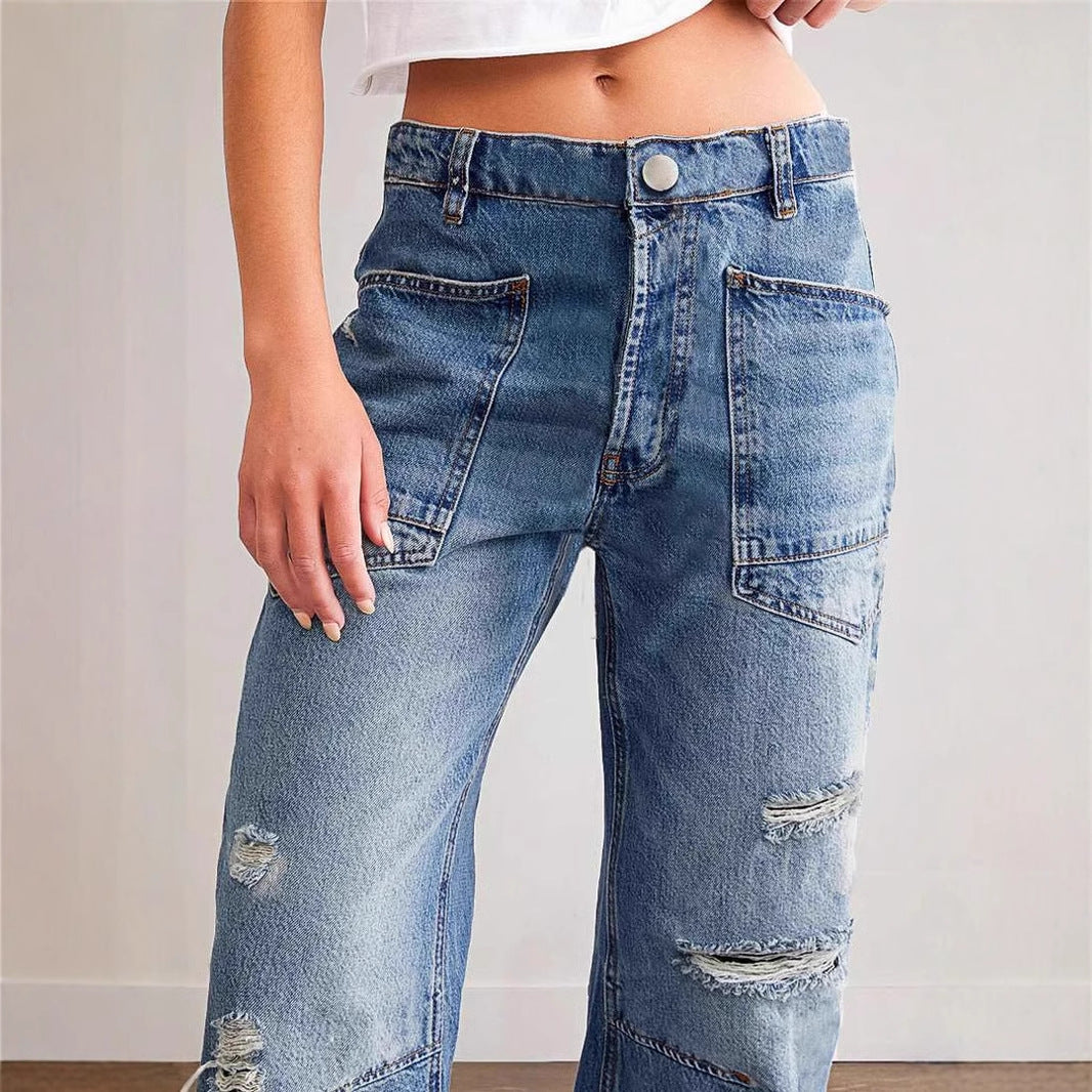 Dame brede jeans med kreative lommer og slidte detaljer Skovae