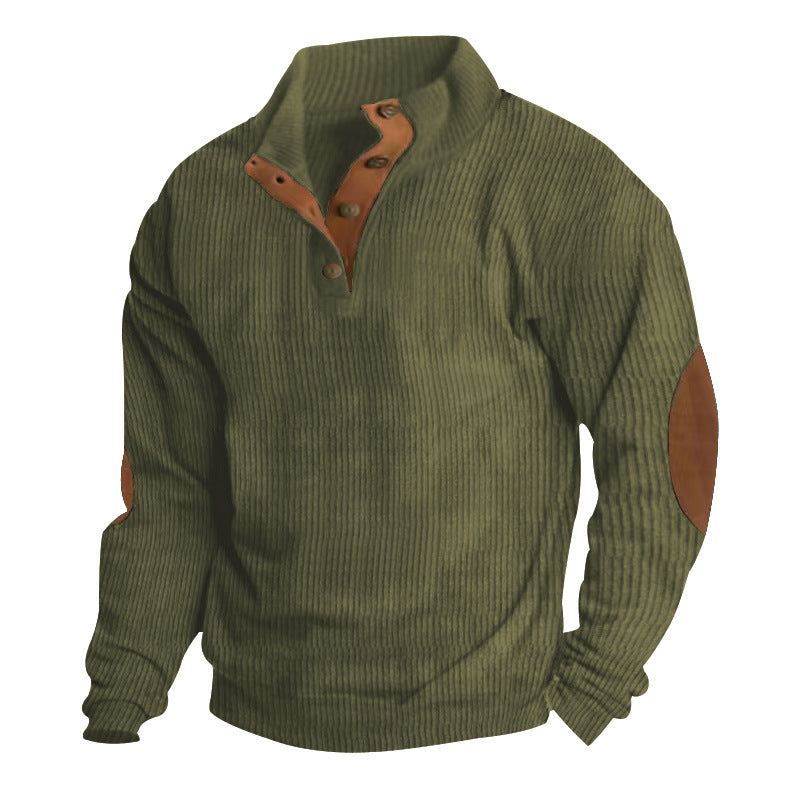 Herre nan grovstrikket sweater med ståkrave, knapliste og kunstlæderalbuepatches Skovae