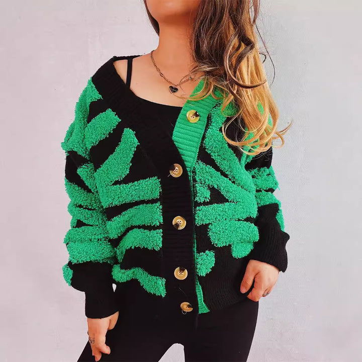 Kvinders fashionable cardigan med grafisk mønster og luksuriøse knapper Stilla