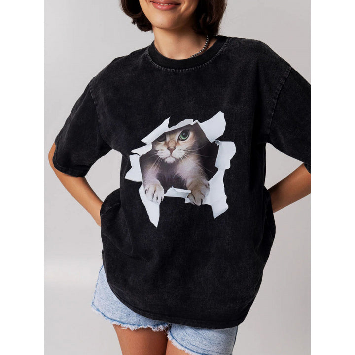 Dame T-shirt med kreativ kattemotiv og struktureret bomulds kvalitet Stilla
