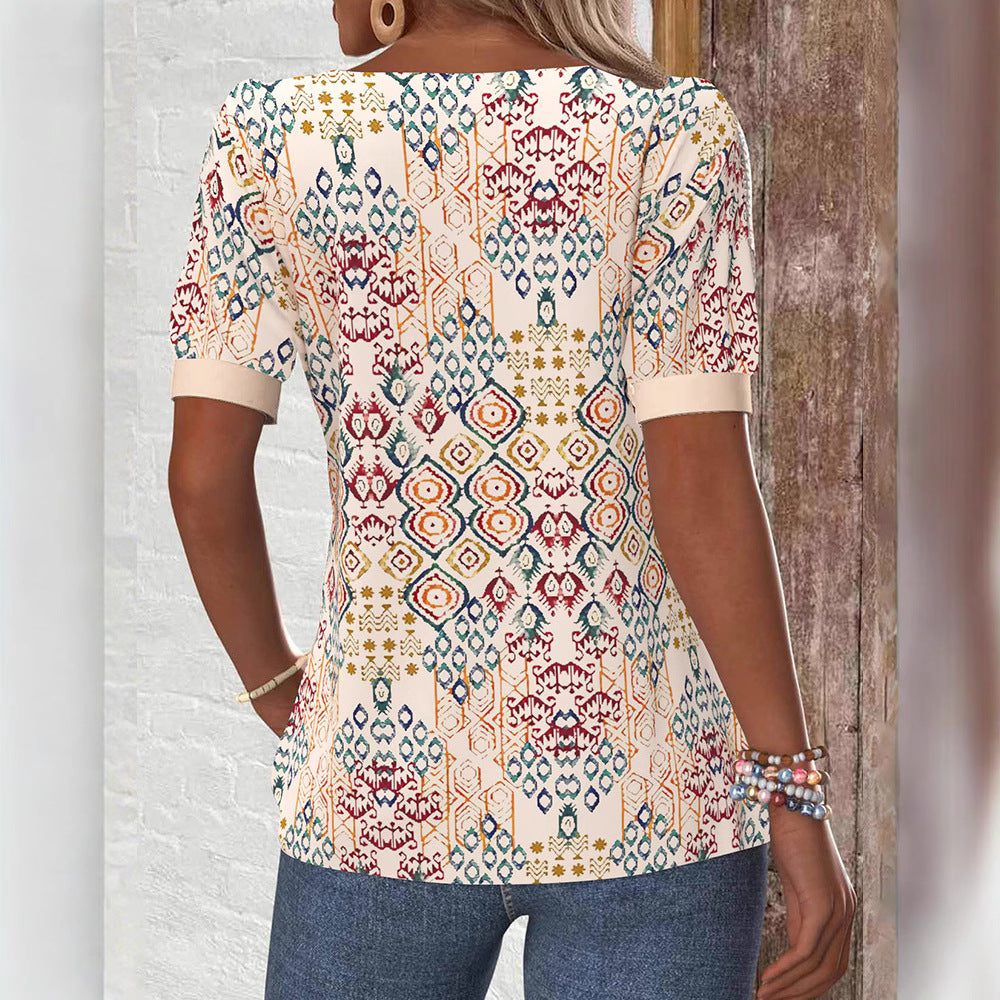 Dame Blusenshirt med struktureret grafikdesign og elegante knapdetaljer Stilla