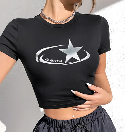 Dame Crop-T-Shirt med skinnende stjernemotiv og tætsiddende snit Skovae