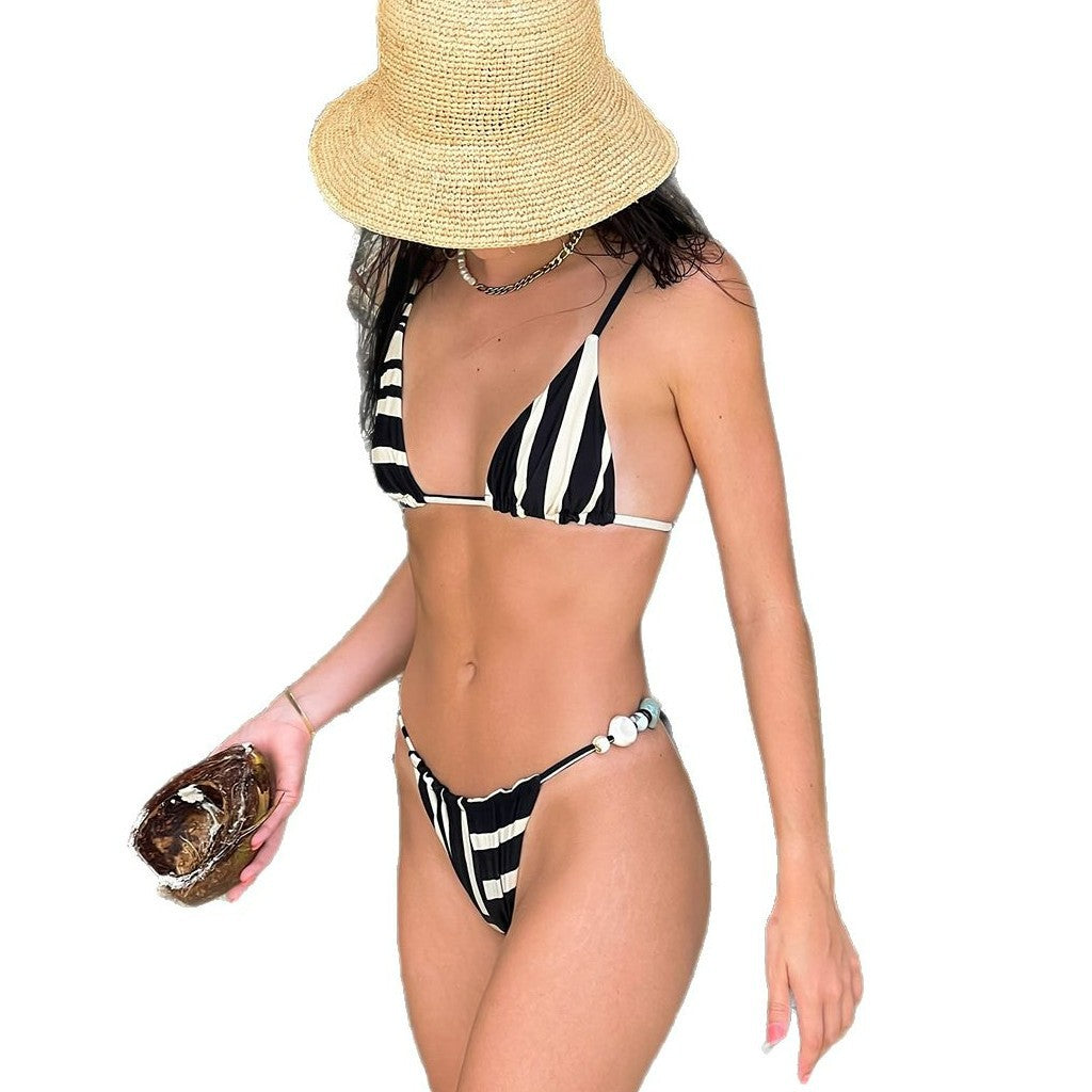 Dame Triangel Bikini-Sæt med højskåret trusse og dekorative perler Stilla