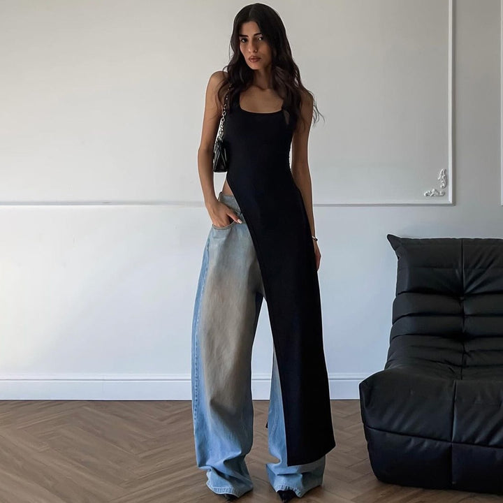 Dame Elegant Maxi-kjole med asymmetrisk jeansdesign Stilla