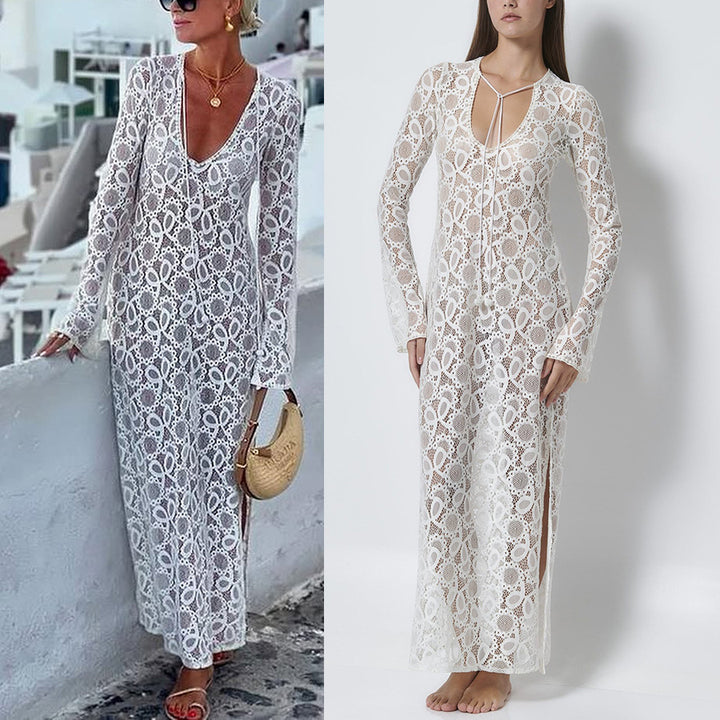 Dame Elegant Spids kjole med dyb V-hals og lange ærmer Stiila