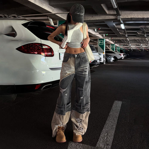 Kvinders trendy cargo jeans med filtet design og drop crotch Stilla